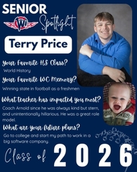 West Central High School Senior Spotlight for Terry Price, Class of 2026. Terry is pictured in a blue shirt, alongside a childhood photo of him with a big, happy expression. Text highlights his favorite memory of winning state in football and his goal to 